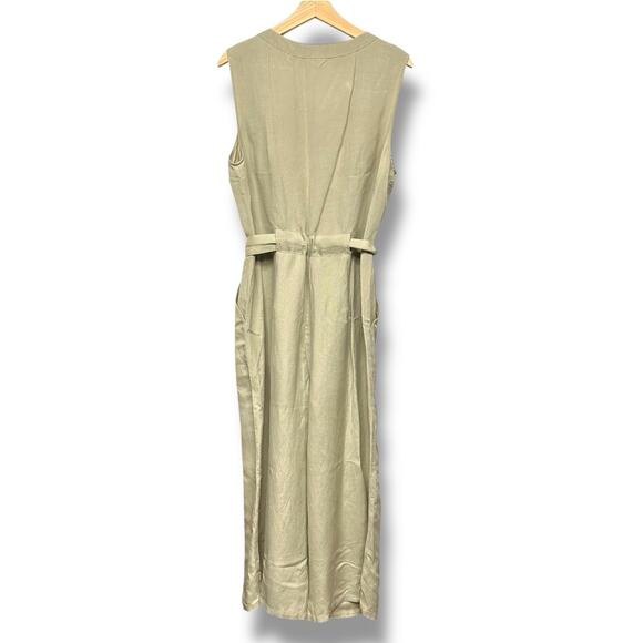 A New Day Jumpsuit Size L Linen Blend Wide Leg Cropped Button Front Belted Tan - Picture 7 of 8
